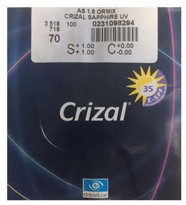 Очковые линзы AS 1.6 Ormix Crizal Sapphire UV - фото 3384184