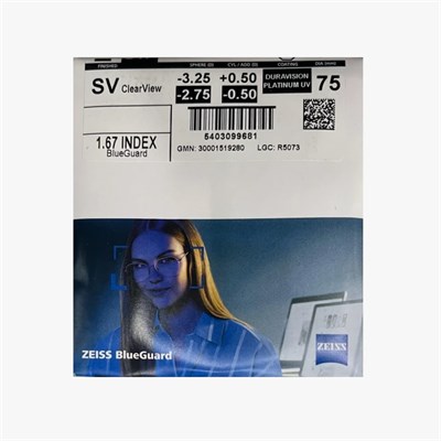 Очковые линзы 1.67 Zeiss Single Vision ClearView BlueGuard DuraVision Platinum UV 1.67 ZSV ClearView BlueGuard DVP UV - фото 5954419